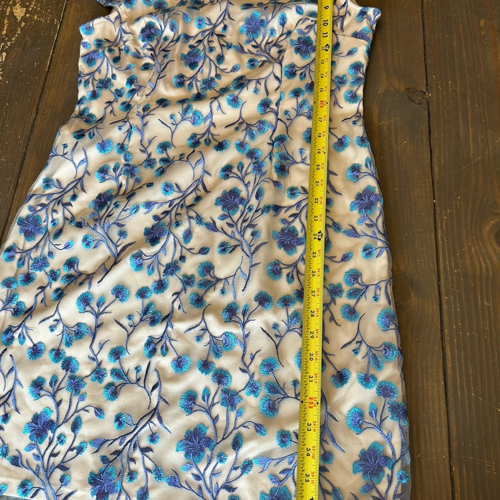 Adrianna Papell Floral Sheath Dress Cream Blue Nude Cap Sleeve Size 14 - Picture 11 of 14